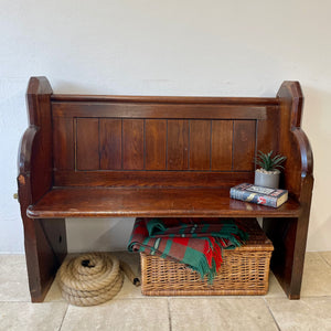 Small Antique Victorian/Edwardian Pitch Pine Church Pew With Enamel Numbers 