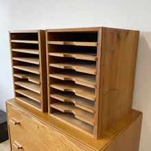 Load image into Gallery viewer, Pair Of Vintage Industrial Solid Pine Filing Letters Paper Trays Shelves.