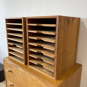 Pair Of Vintage Industrial Solid Pine Filing Letters Paper Trays Shelves.