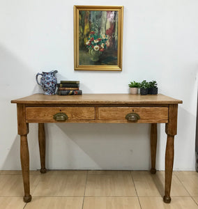 Rustic Antique Farmhouse Solid Oak Plank Top Kitchen Table Desk With Drawers.