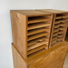 Load image into Gallery viewer, Pair Of Vintage Industrial Solid Pine Filing Letters Paper Trays Shelves.