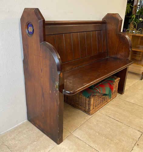 Small Antique Victorian/Edwardian Pitch Pine Church Pew With Enamel Numbers 