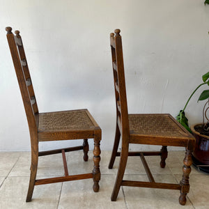 Pair Of Antique Arts And Crafts Oak Ladder Back Dining Chairs With Rush Seats.