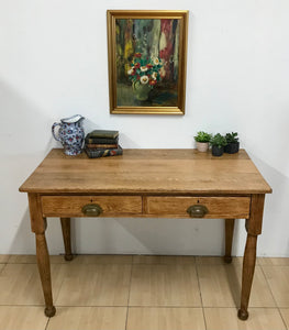 Rustic Antique Farmhouse Solid Oak Plank Top Kitchen Table Desk With Drawers.