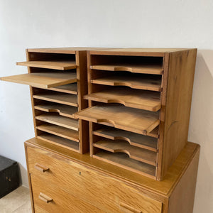 Pair Of Vintage Industrial Solid Pine Filing Letters Paper Trays Shelves.